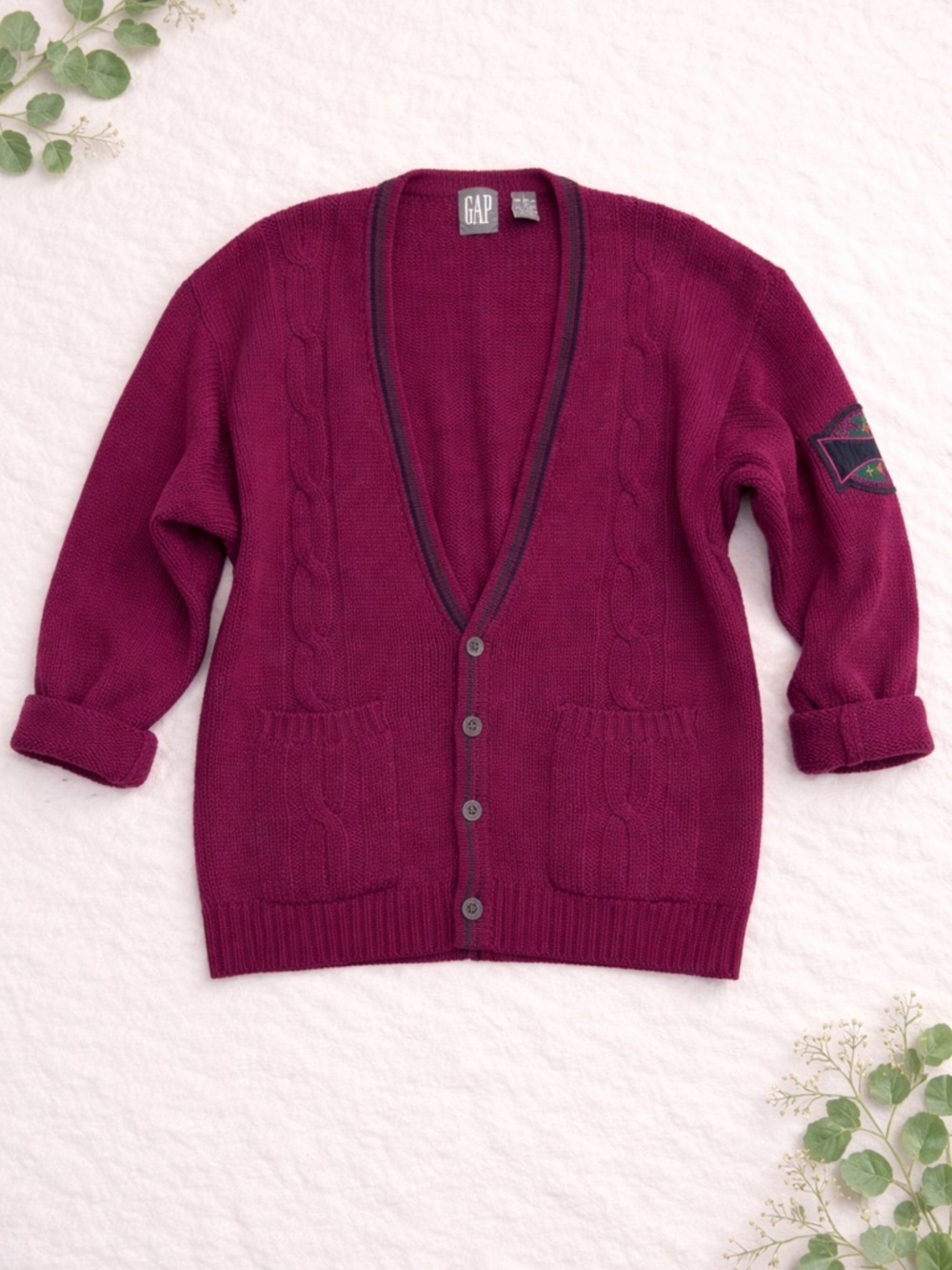GAP 100% Wool Cable Knit Cardigan Berry Button Front Sweater Large
